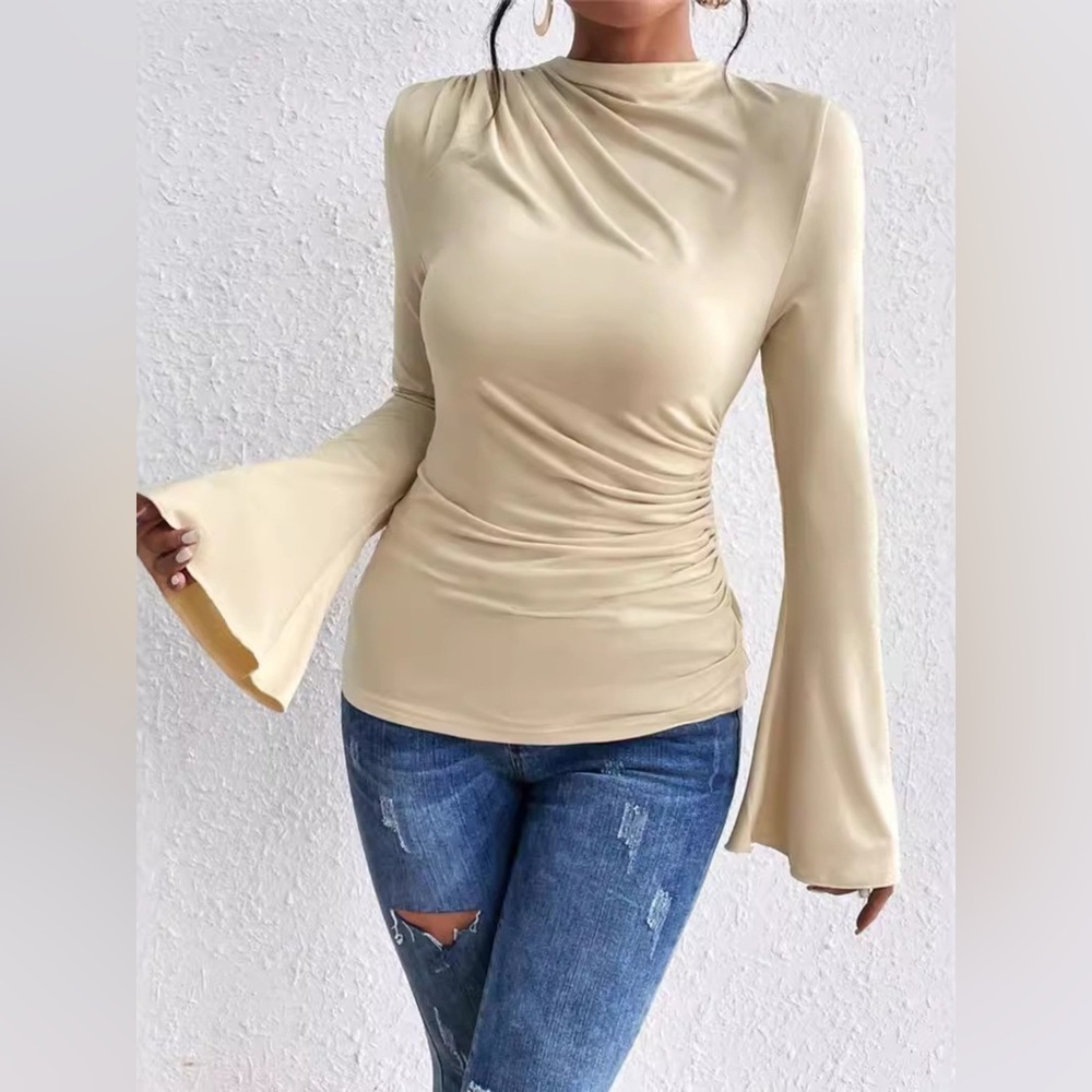 Bell Sleeve Ruched Fitted T-Shirt with Mock Neck